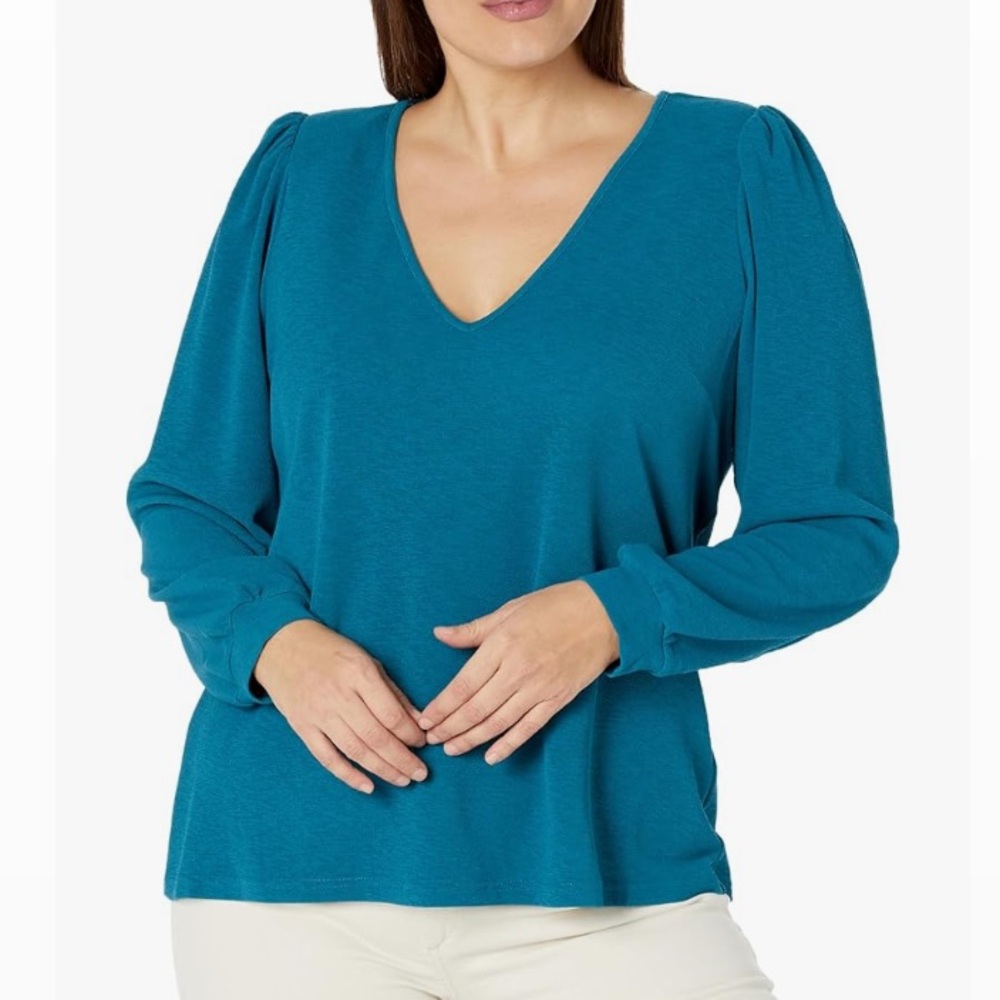 City Chic Blue Crepe Fabric V-Neck Quiero Long Sleeve Knit Top Marine Shirt